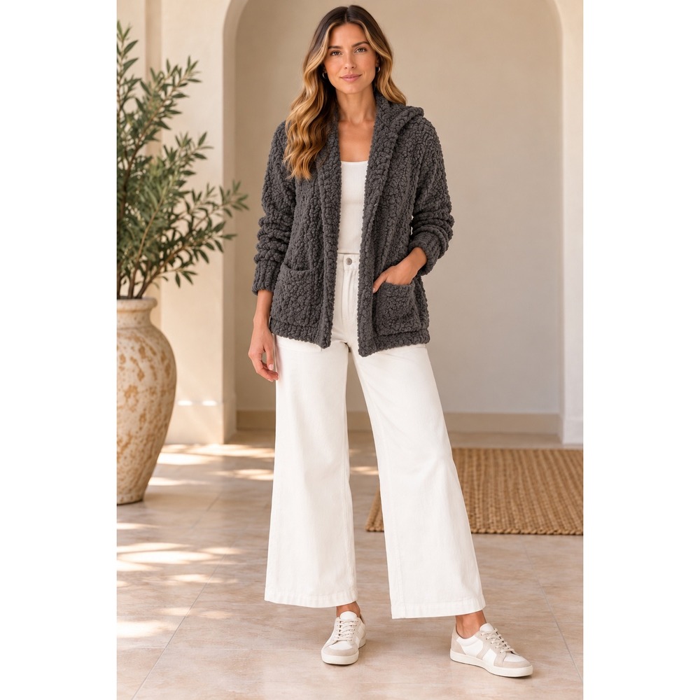 Barefoot Dreams L/XL Charcoal Gray Hooded Cardigan Open Front Cozy Textured Knit